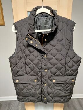 Talbots Black And Gold Quilted Puffer Vest W/Pockets Zip Up Snap Button